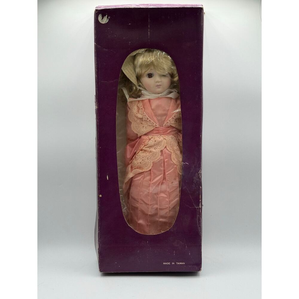 Vintage 1982 POCO Imported Porcelain Doll 16" Blonde Pink-Victorian Dress- Box